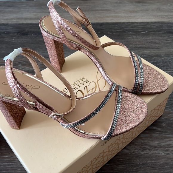 NIB Badgley Mischka Jewel aura rose gold silver rhinestones glitter block heel 9 - Picture 5 of 11